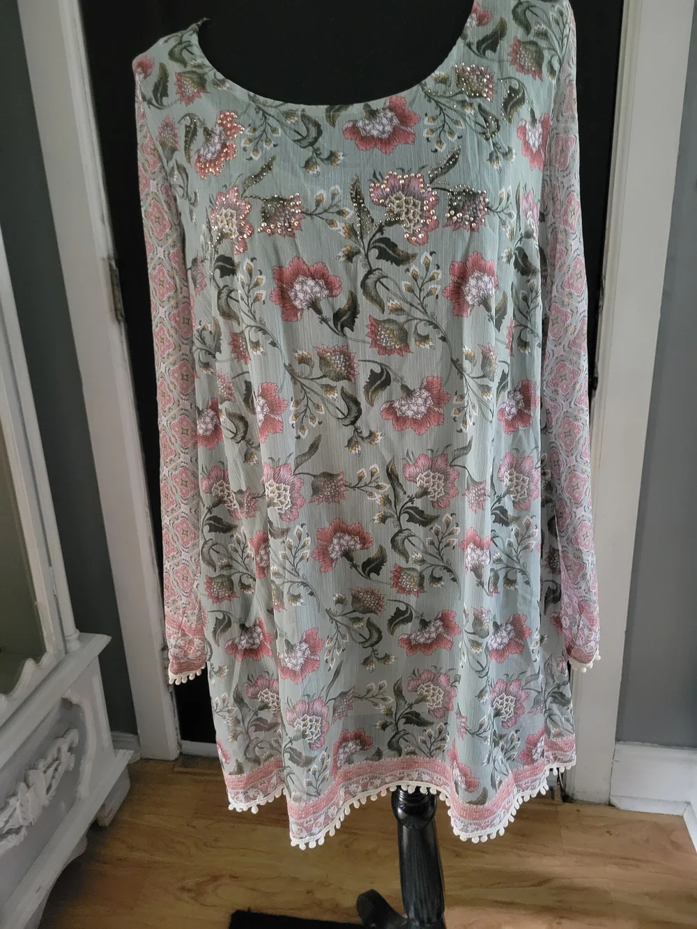 ONE WORLD Sage Green Floral Blouse with Pink Accents - Picture 2 of 4